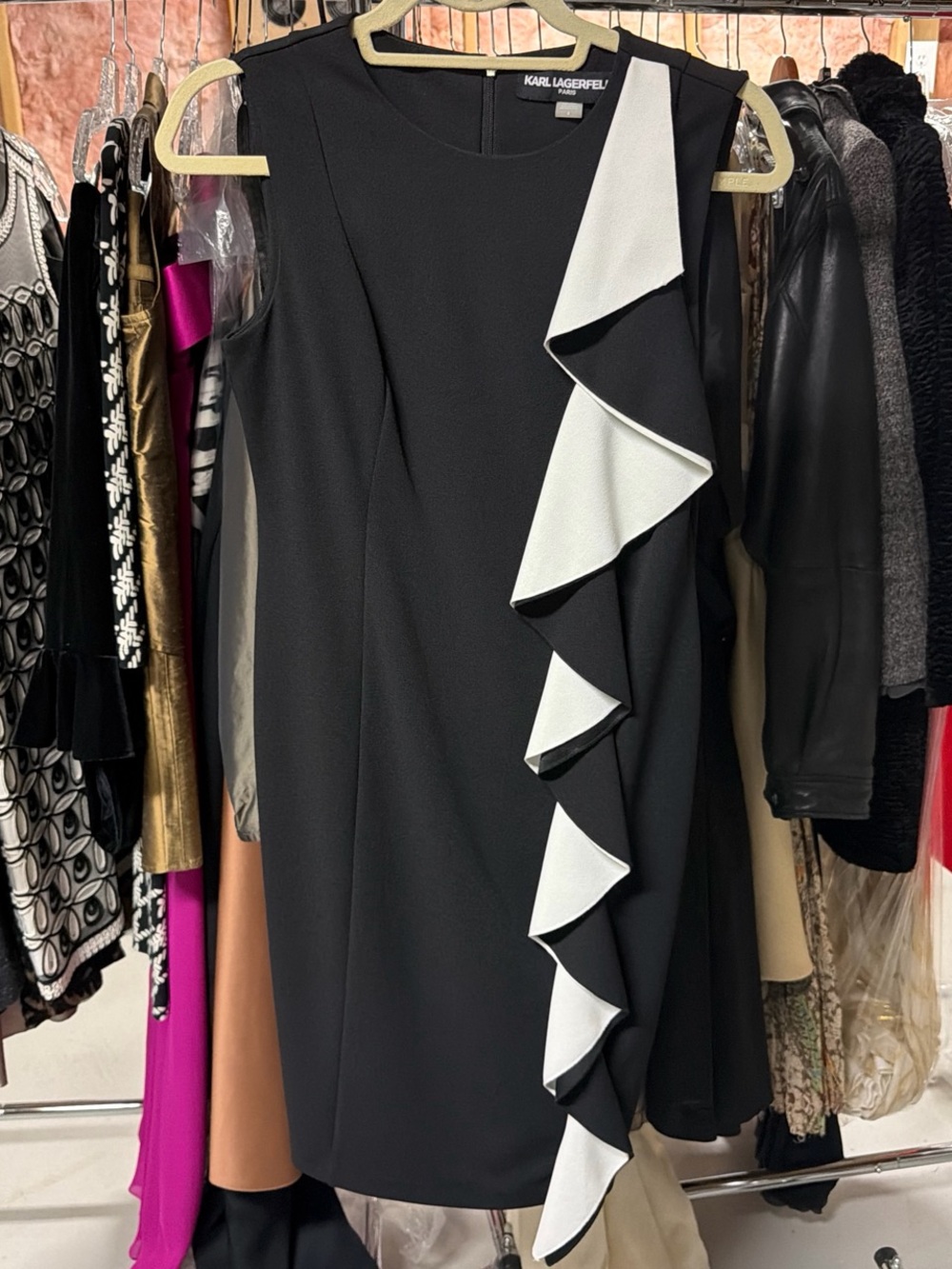 Karl Lagerfeld Black One-Shoulder Dress with White Ruffle